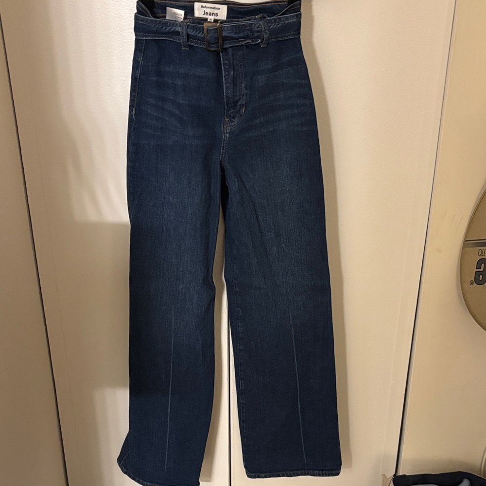 Reformation Blue Denim Jeans with Brown Buckle